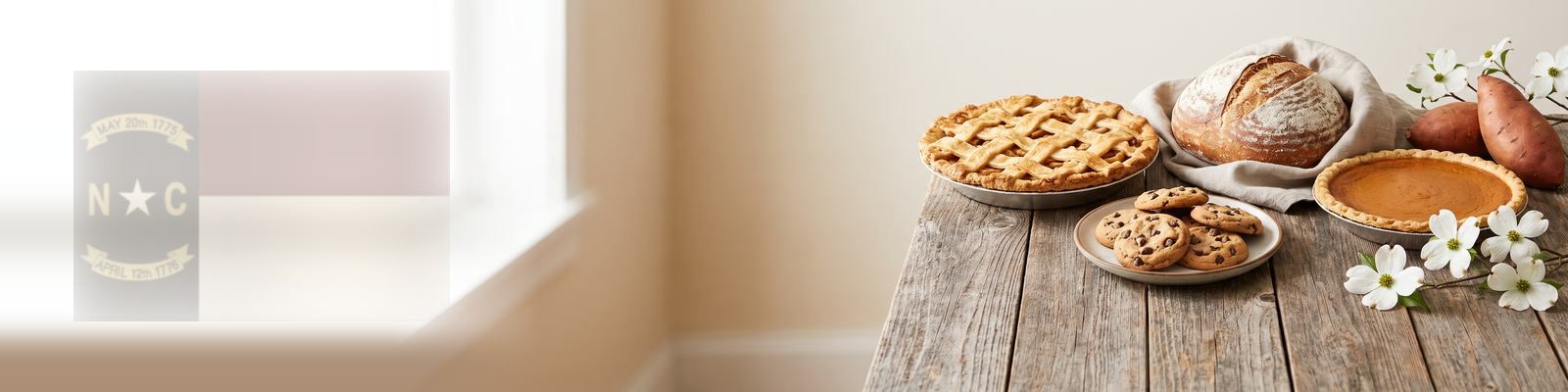 Faded North Carolina flag beside sweet potato pie, bread and cookies with dogwood blossoms, the state flower, on a table.